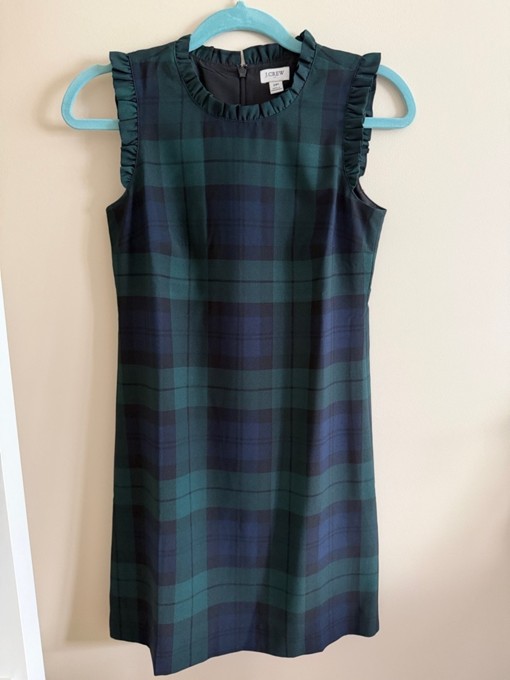 J. Crew Green and Navy Plaid Ruffle-Trim Shift Dress